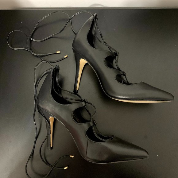 Saks Fifth Avenue Black Lace Up Stilettos - Picture 7 of 11